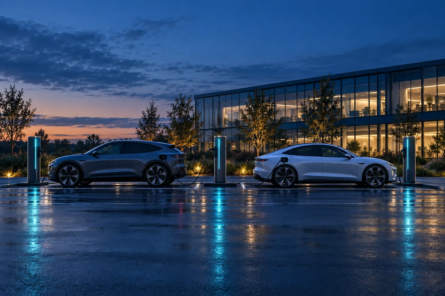 Električni automobili na punjačima ispred poslovne zgrade u sumrak