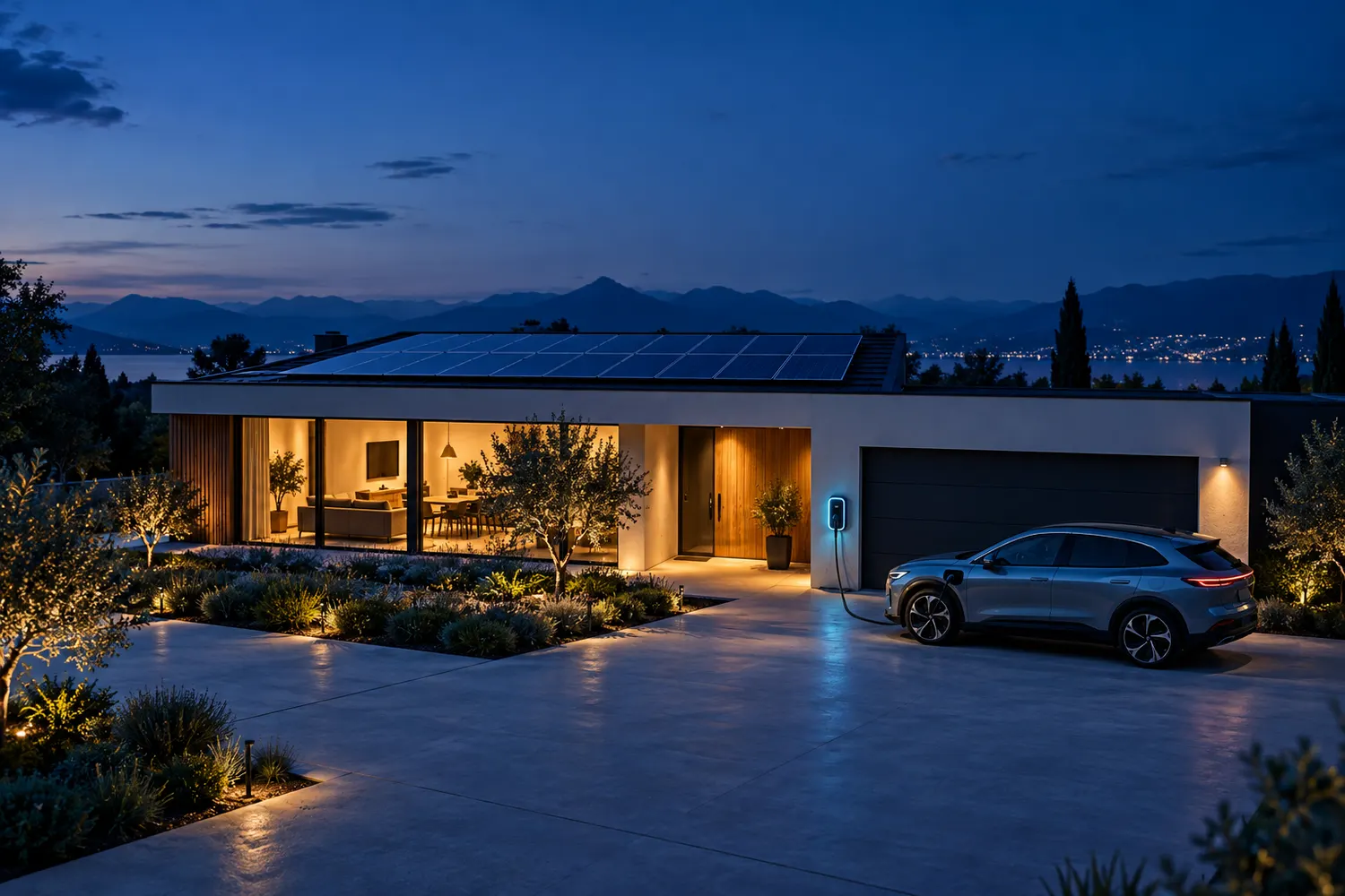 Porodična kuća sa solarnim panelima i kućnim punjačem za automobil