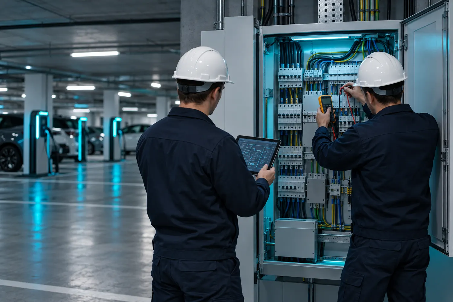 Dva električara proveravaju razvodni orman u garaži